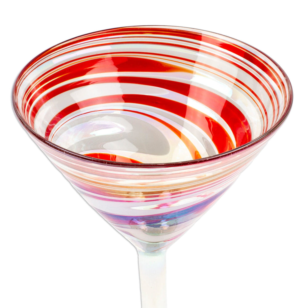 Pair of Eco-Friendly Red and White Handblown Martini Glasses - Tropical Swirl