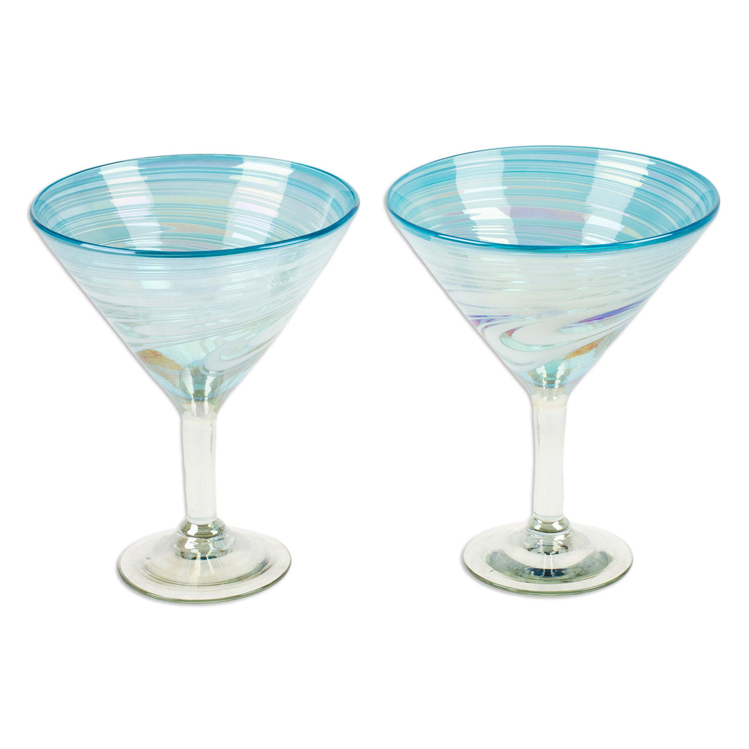 2 Turquoise and White Martini Glasses Handblown in Mexico - Turquoise Waves