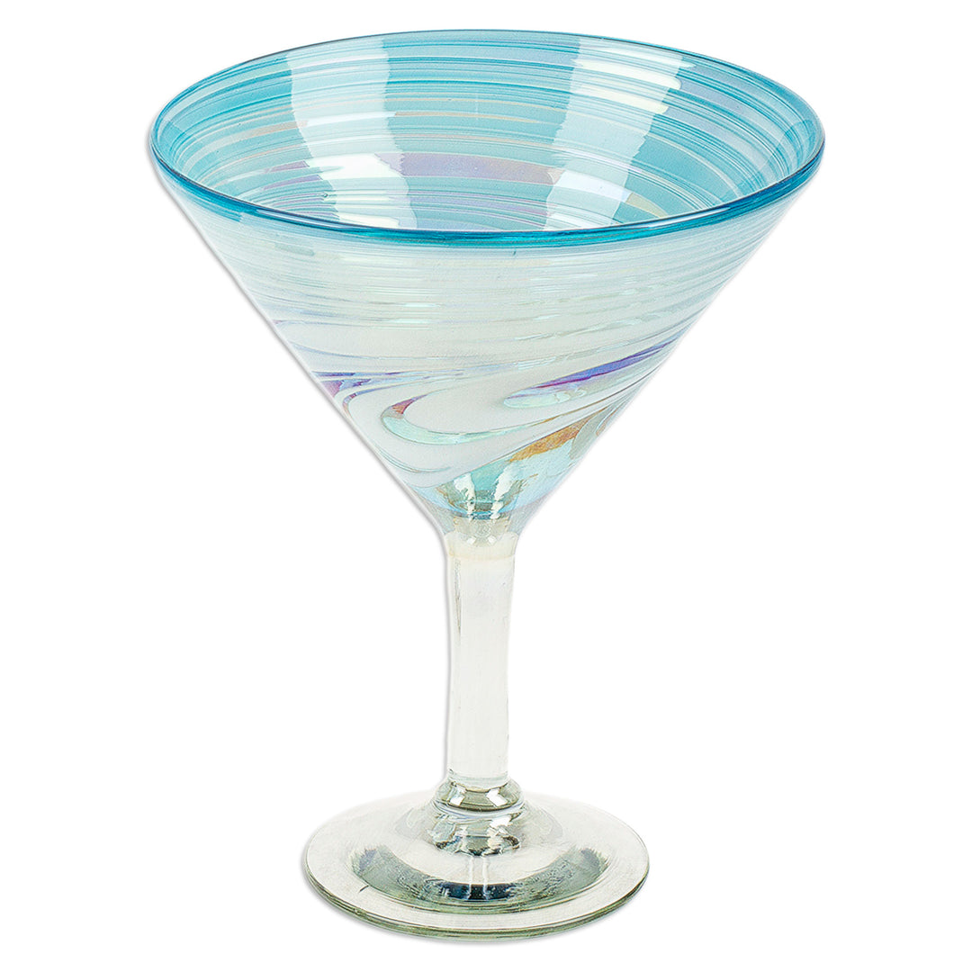 2 Turquoise and White Martini Glasses Handblown in Mexico - Turquoise Waves
