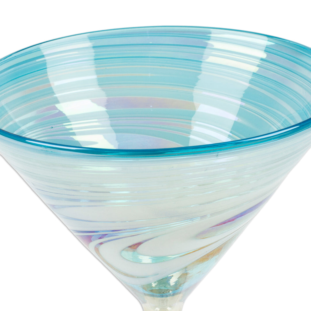2 Turquoise and White Martini Glasses Handblown in Mexico - Turquoise Waves