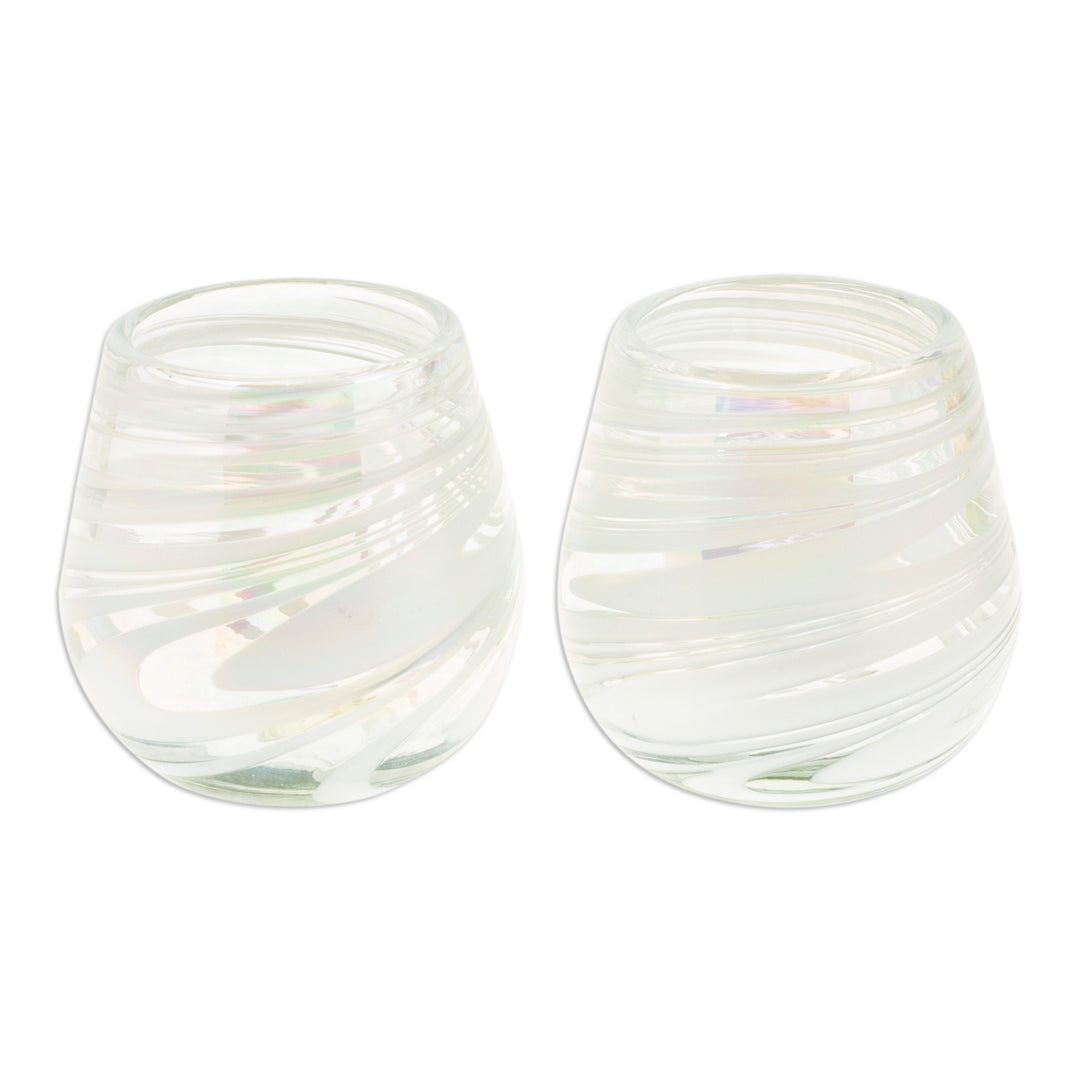 Pair of Stemless Wine Glasses Handblown from Recycled Glass - Whirling White