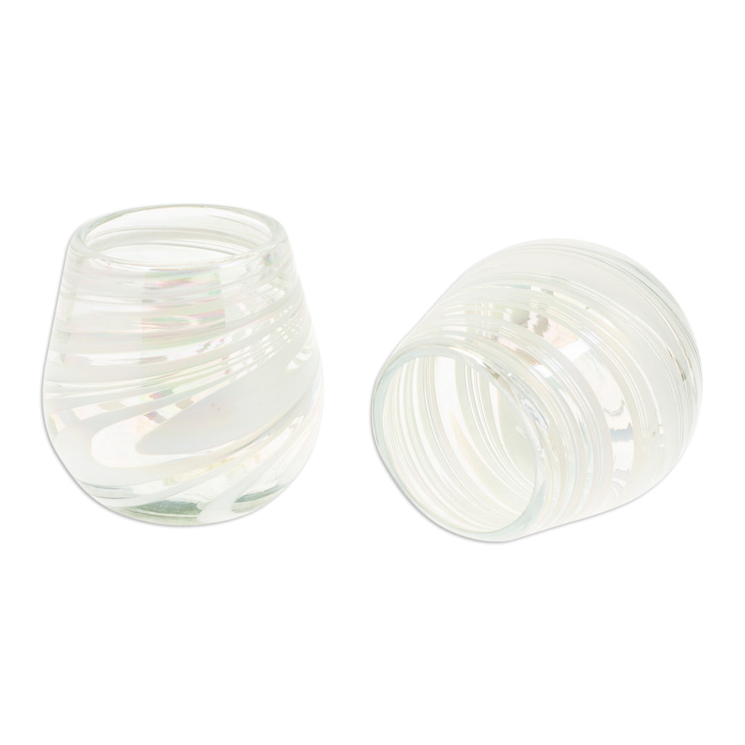 Pair of Stemless Wine Glasses Handblown from Recycled Glass - Whirling White