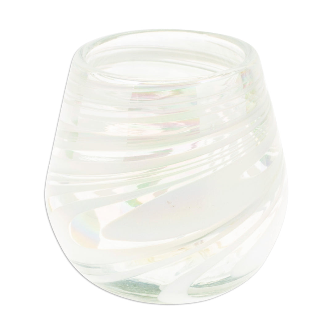 Pair of Stemless Wine Glasses Handblown from Recycled Glass - Whirling White