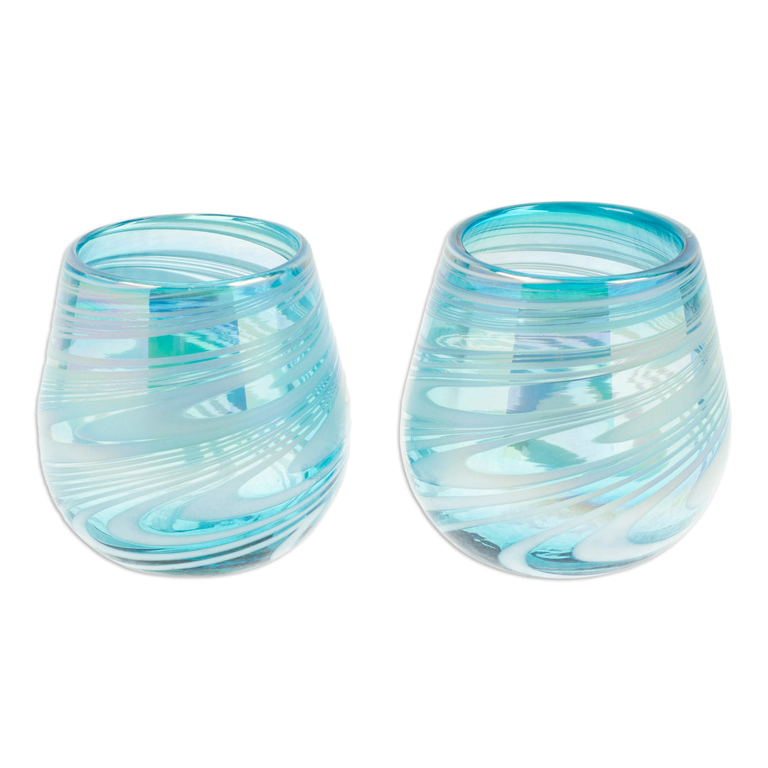 Two Handblown Stemless Wine Glasses in Turquoise and White - Turquoise Waves