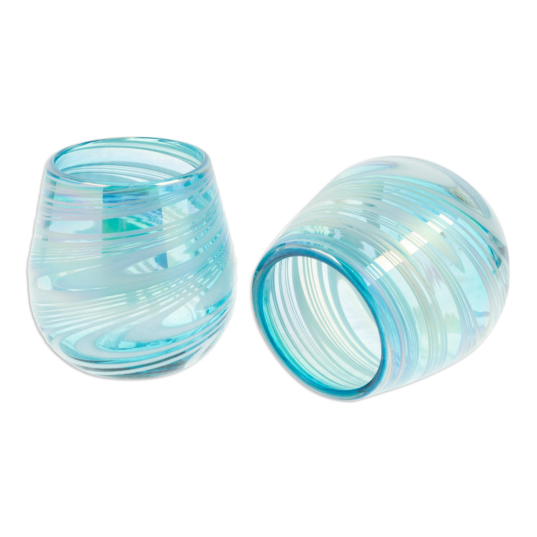 Two Handblown Stemless Wine Glasses in Turquoise and White - Turquoise Waves