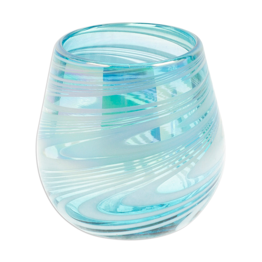 Two Handblown Stemless Wine Glasses in Turquoise and White - Turquoise Waves