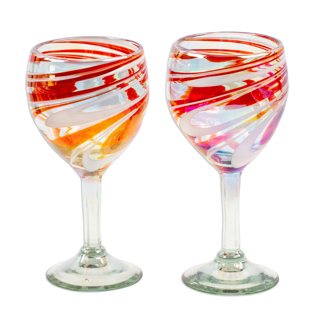 Pair of Eco-Friendly Red and White Handblown Wine Glasses - Elegance Enchantment
