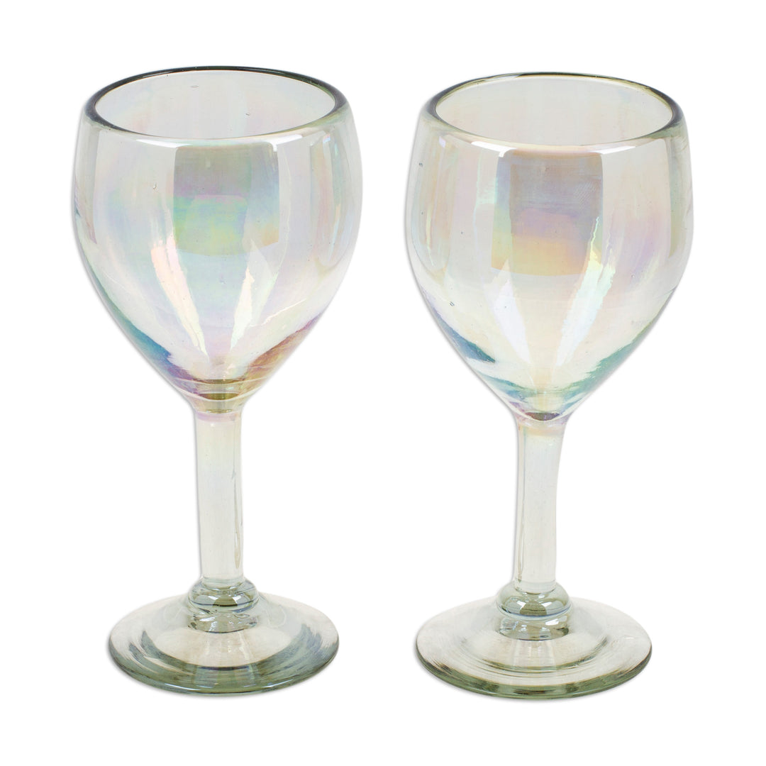 Pair of Iridescent Clear Handblown Wine Glasses - Ethereal Glamour