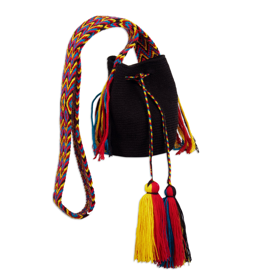 Crocheted Sling Bag in Black with Tassels from Colombia - Wayuu Charm