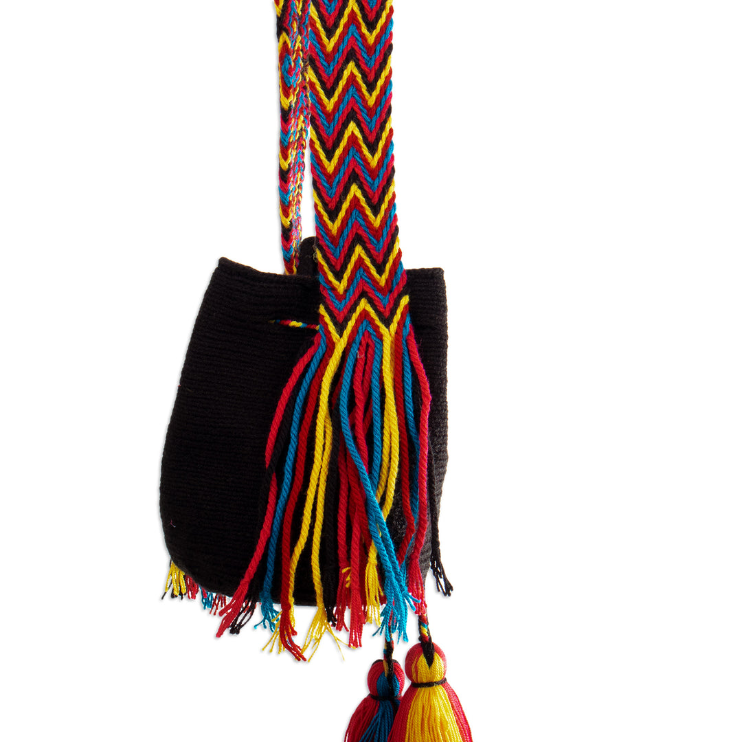 Crocheted Sling Bag in Black with Tassels from Colombia - Wayuu Charm