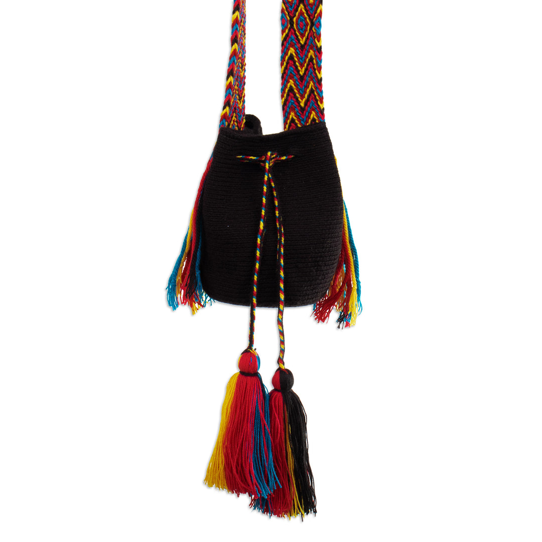 Crocheted Sling Bag in Black with Tassels from Colombia - Wayuu Charm