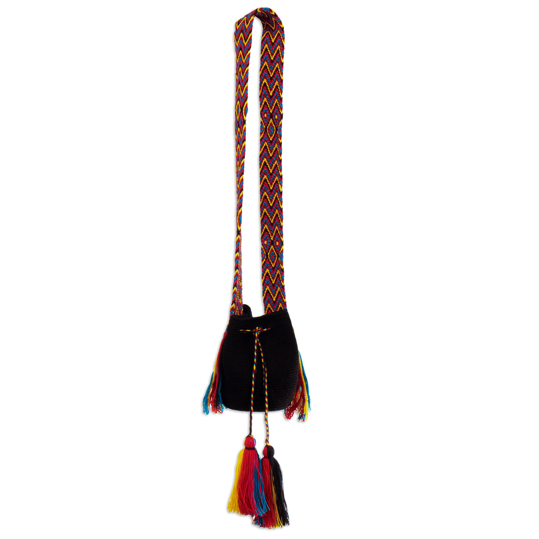 Crocheted Sling Bag in Black with Tassels from Colombia - Wayuu Charm