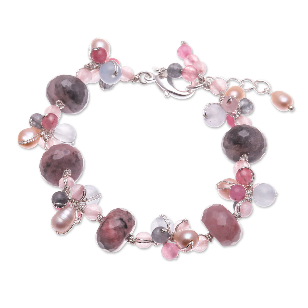 Chic Rhodonite Cultured Pearl and Quartz Beaded Bracelet - Autumn Rose