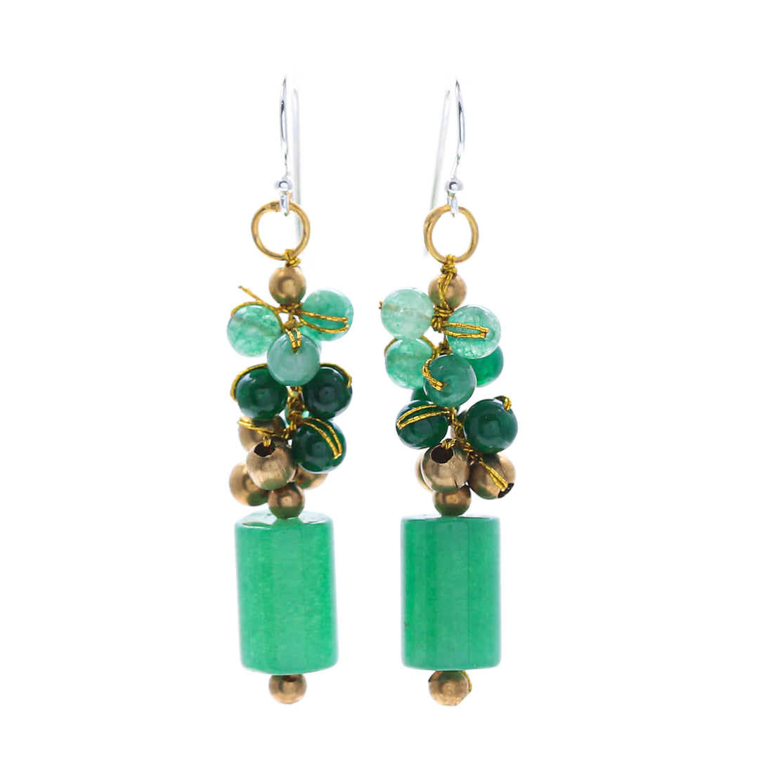 Quartz and Brass Beaded Dangle Earrings with Silver Hooks - Green Touch