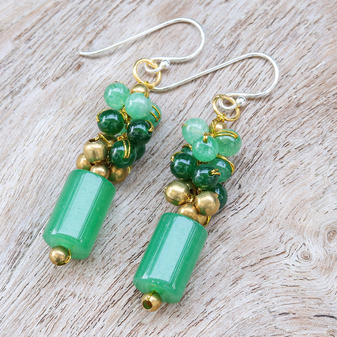 Quartz and Brass Beaded Dangle Earrings with Silver Hooks - Green Touch