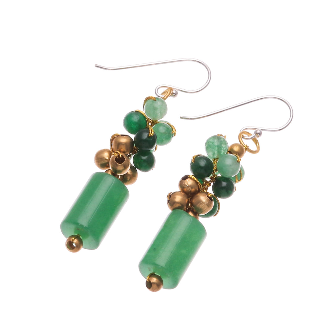 Quartz and Brass Beaded Dangle Earrings with Silver Hooks - Green Touch
