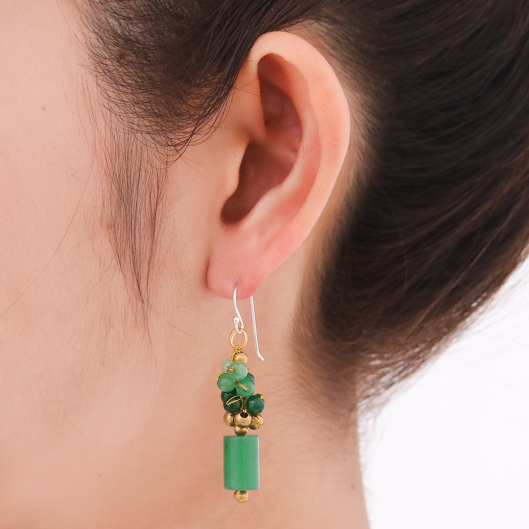 Quartz and Brass Beaded Dangle Earrings with Silver Hooks - Green Touch