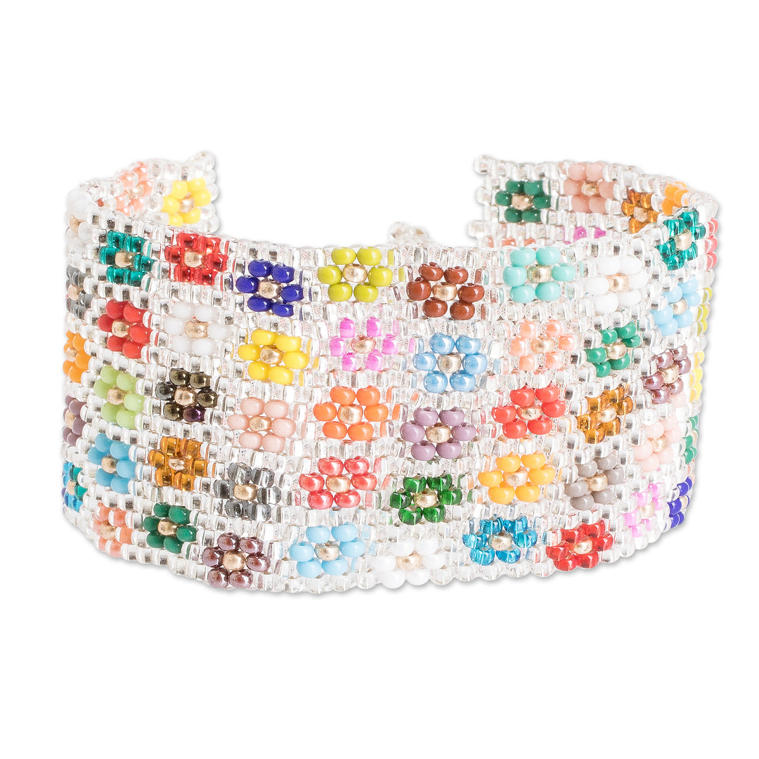 Handcrafted Floral Glass Beaded Wristband Bracelet - Ethereal Blossoming Harmony