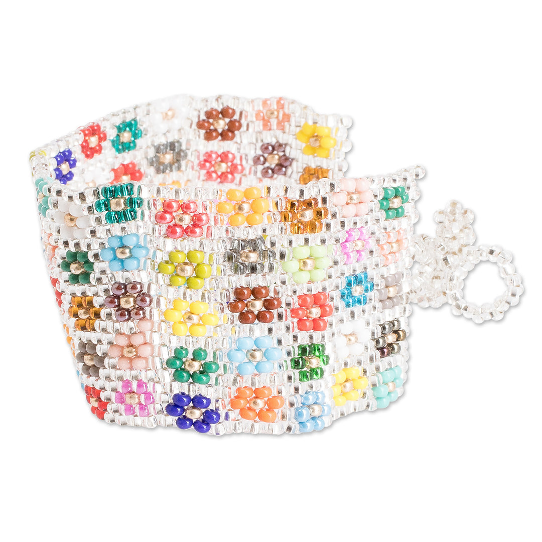 Handcrafted Floral Glass Beaded Wristband Bracelet - Ethereal Blossoming Harmony