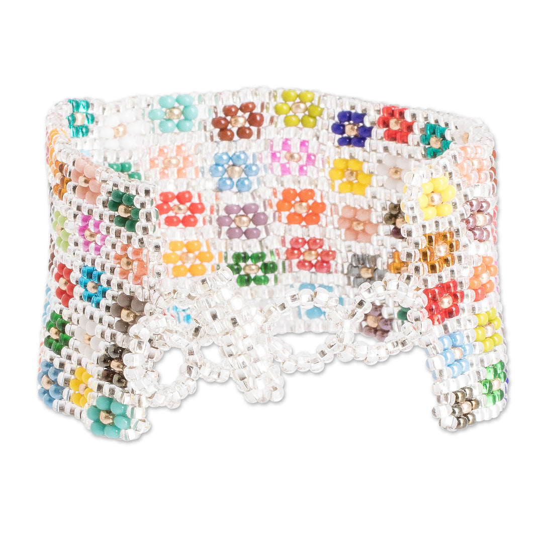 Handcrafted Floral Glass Beaded Wristband Bracelet - Ethereal Blossoming Harmony