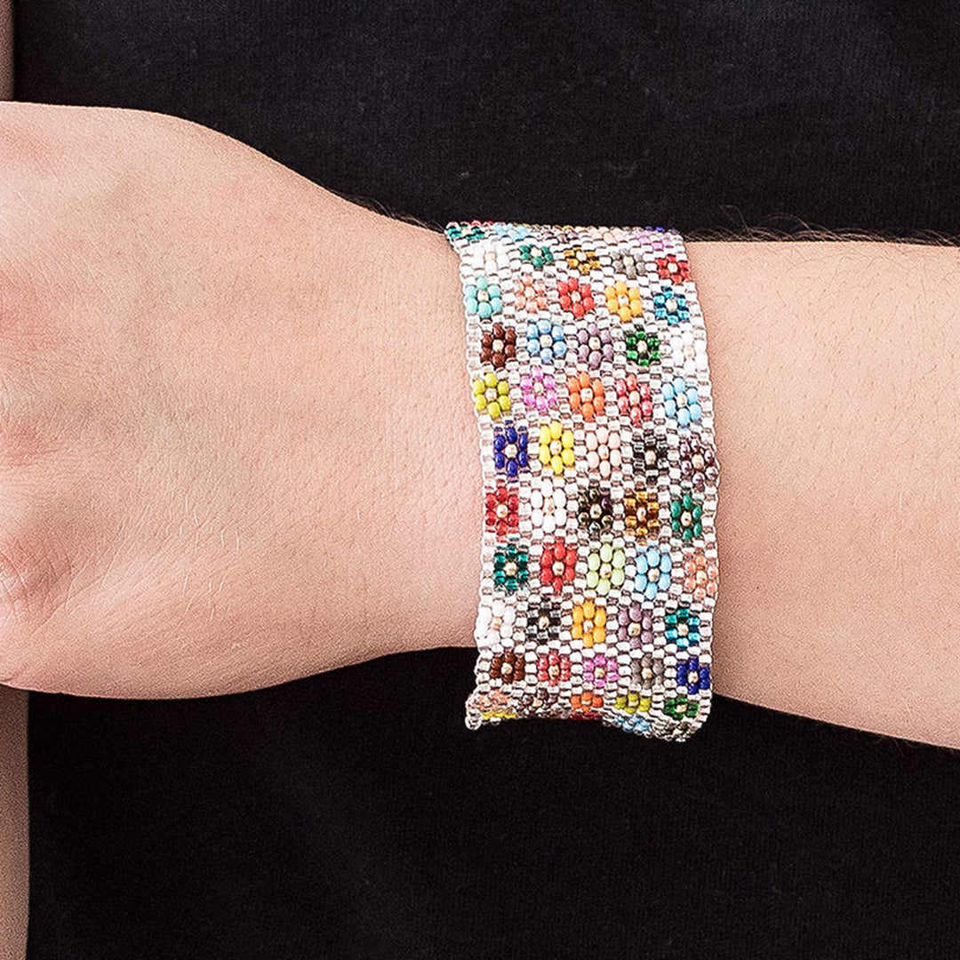 Handcrafted Floral Glass Beaded Wristband Bracelet - Ethereal Blossoming Harmony