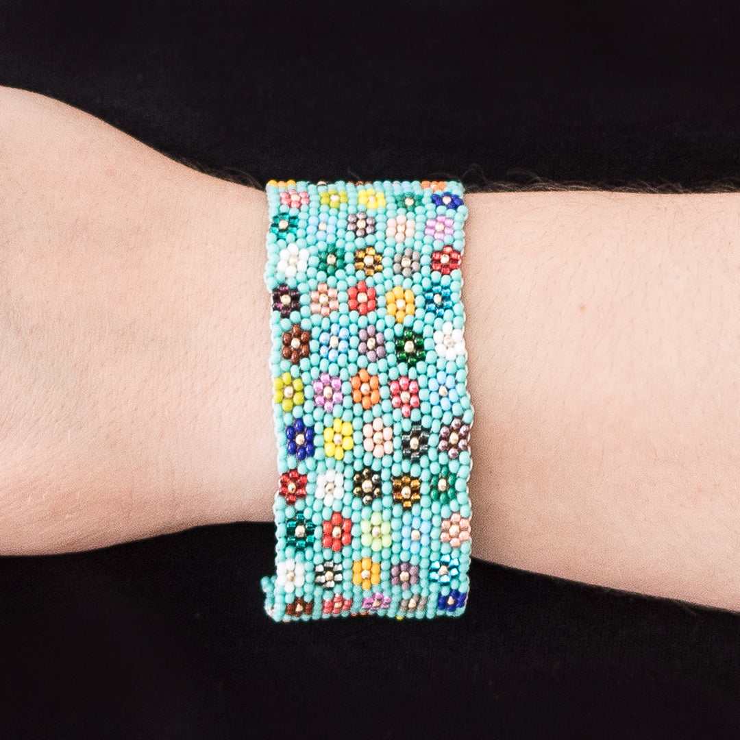Handcrafted Floral Glass Beaded Wristband Bracelet in Green - Cool Blossoming Harmony