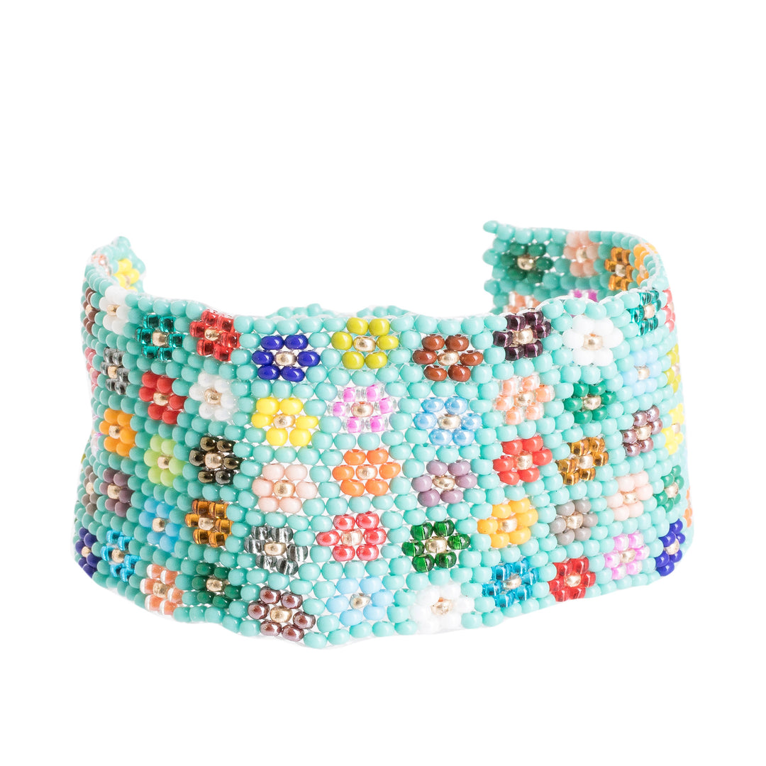 Handcrafted Floral Glass Beaded Wristband Bracelet in Green - Cool Blossoming Harmony