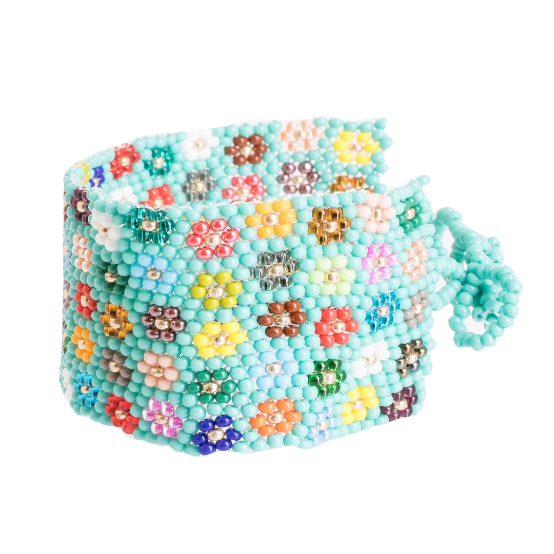 Handcrafted Floral Glass Beaded Wristband Bracelet in Green - Cool Blossoming Harmony