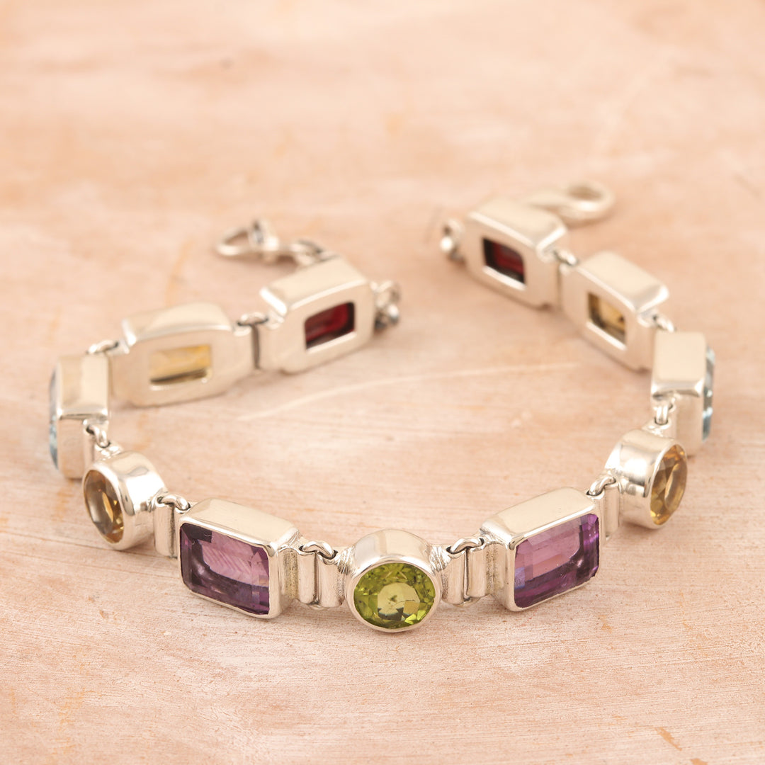 14-Carat Faceted Multi-Gemstone Link Bracelet from India - United Gems
