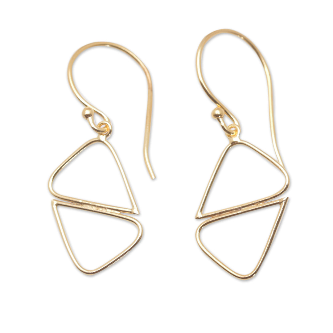 Geometric 18k Gold-Plated Brass Dangle Earrings from Bali - Harmonious Dimensions