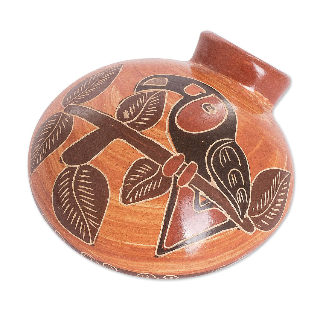 Handcrafted Toucan-Themed Brown Ceramic Decorative Vase - Sunset Toucan