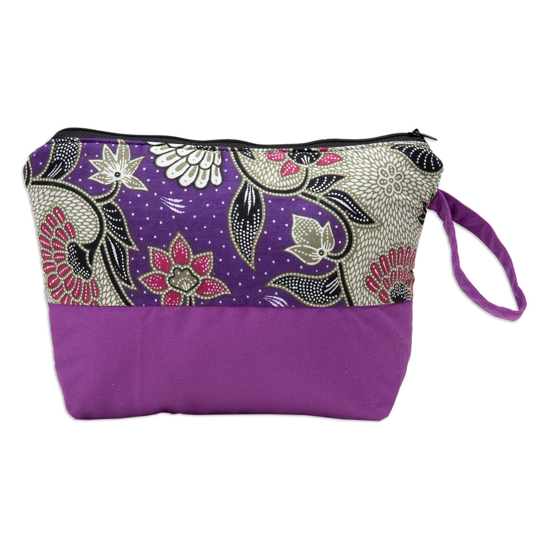 Handcrafted Cotton Cosmetic Bag in Purple with Batik Pattern - Flowering Purple