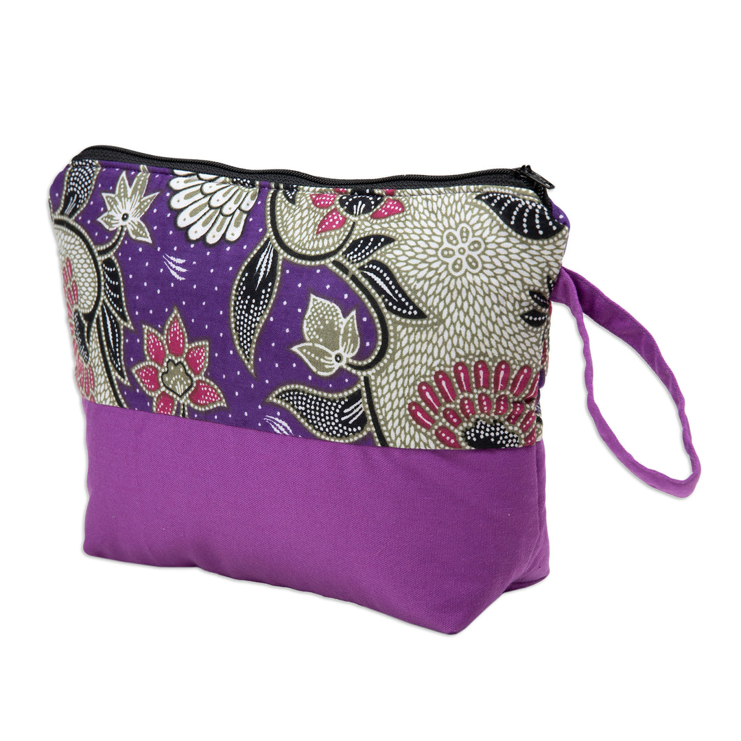 Handcrafted Cotton Cosmetic Bag in Purple with Batik Pattern - Flowering Purple