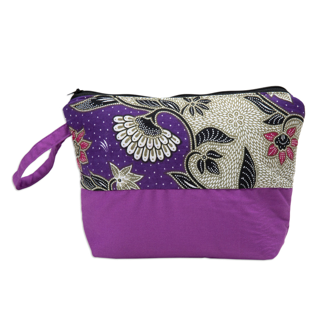 Handcrafted Cotton Cosmetic Bag in Purple with Batik Pattern - Flowering Purple