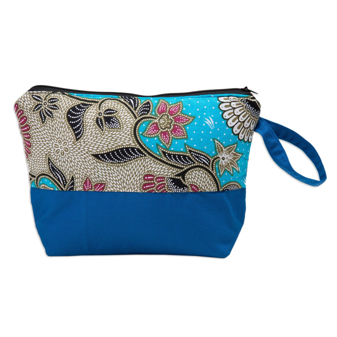 Handcrafted Cotton Cosmetic Bag in Blue with Batik Pattern - Flowering Blue