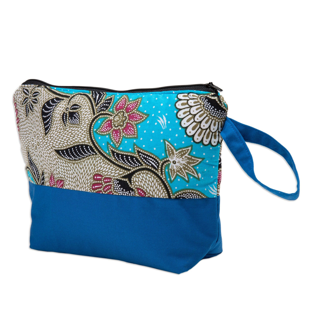 Handcrafted Cotton Cosmetic Bag in Blue with Batik Pattern - Flowering Blue