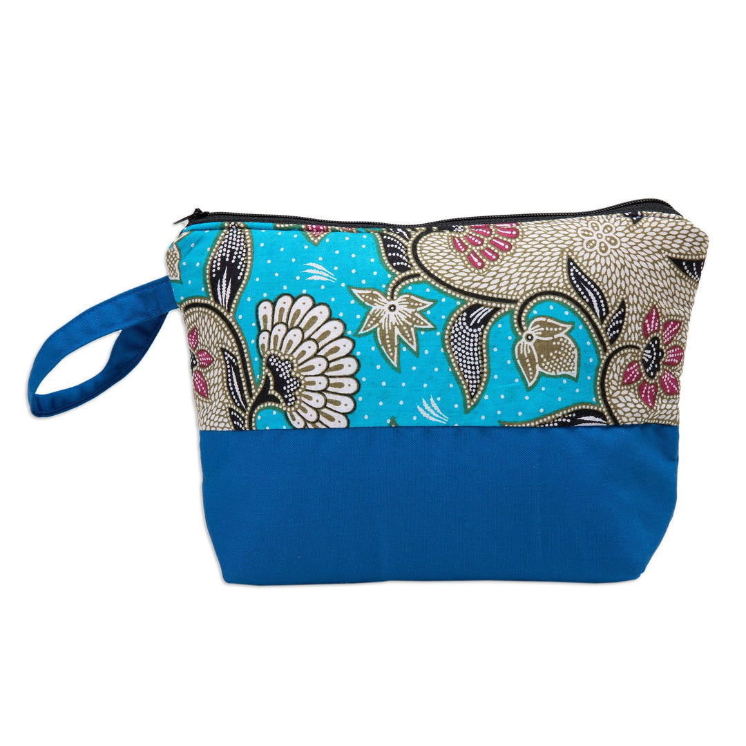 Handcrafted Cotton Cosmetic Bag in Blue with Batik Pattern - Flowering Blue