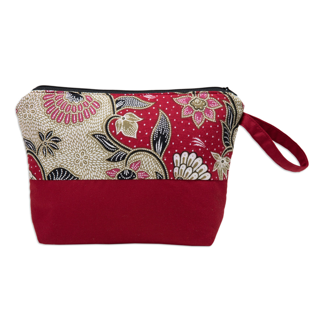 Handcrafted Cotton Cosmetic Bag in Red with Batik Pattern - Flowering Red