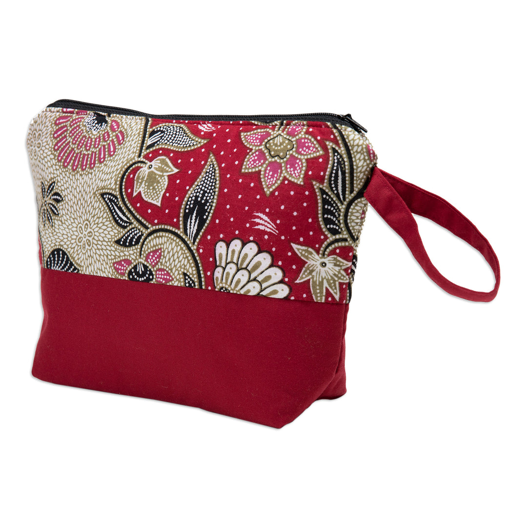Handcrafted Cotton Cosmetic Bag in Red with Batik Pattern - Flowering Red