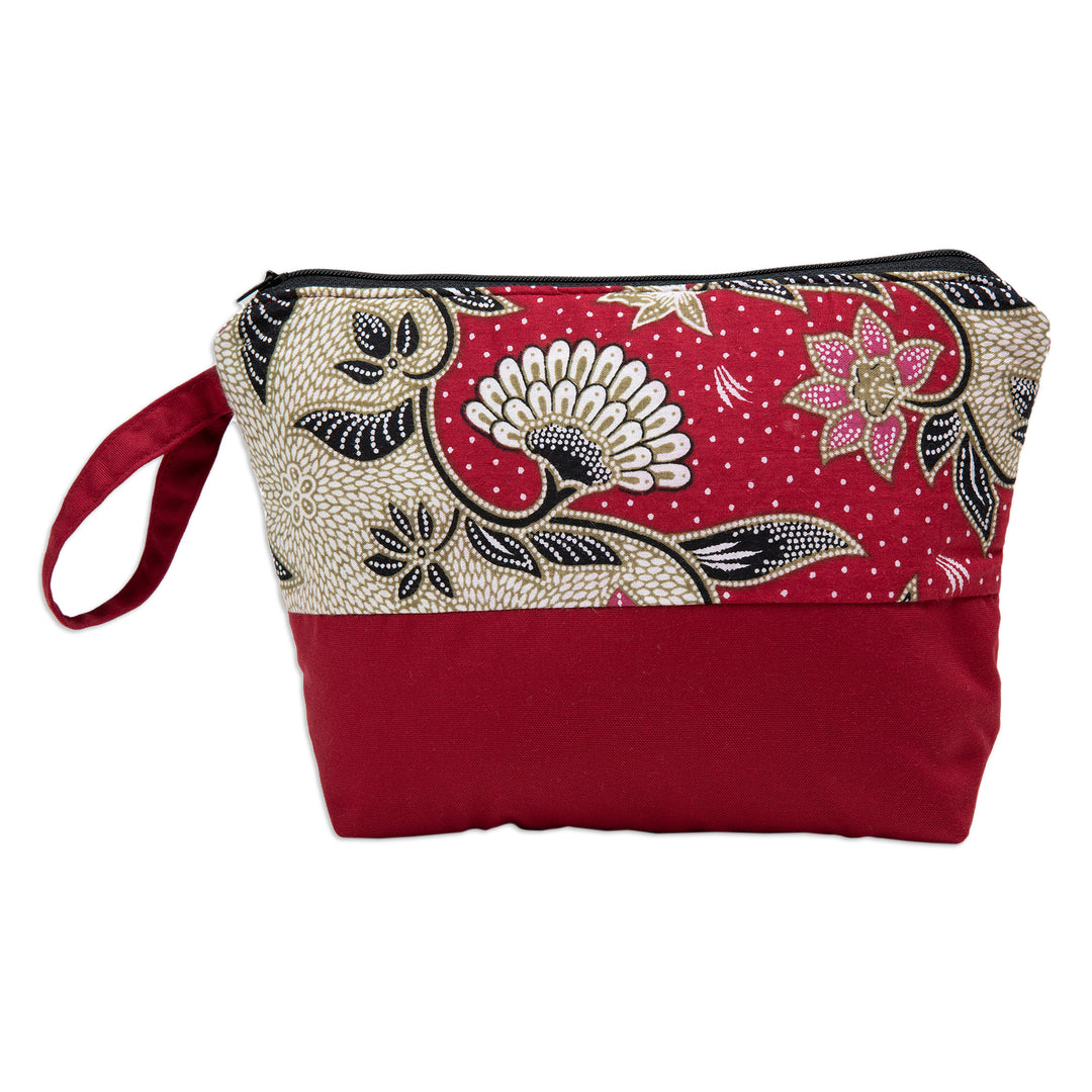 Handcrafted Cotton Cosmetic Bag in Red with Batik Pattern - Flowering Red