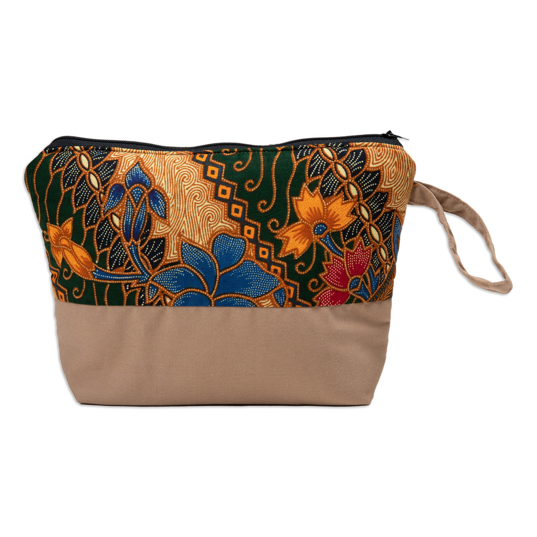 Traditional Batik Cosmetic Bag Crafted from Cotton in Java - Spring in Java