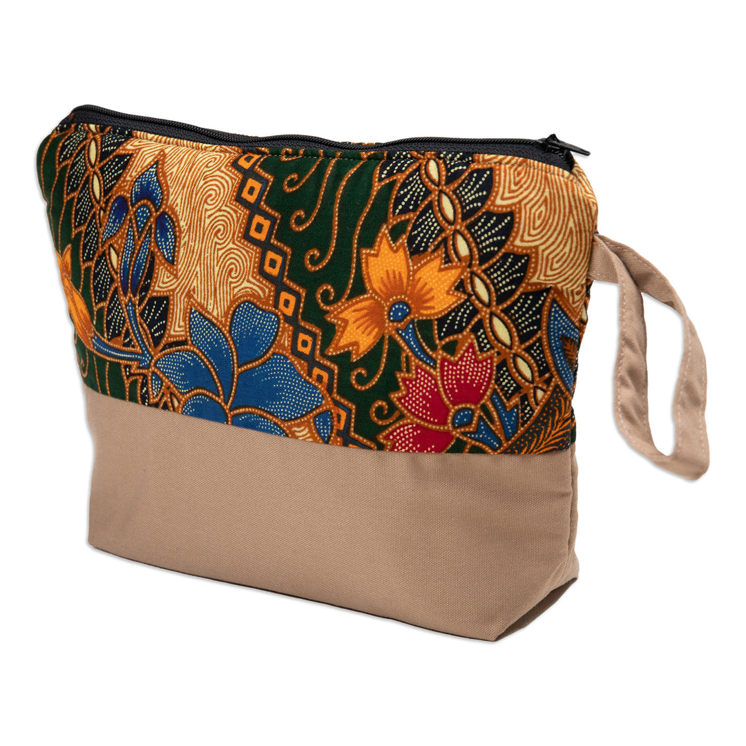 Traditional Batik Cosmetic Bag Crafted from Cotton in Java - Spring in Java