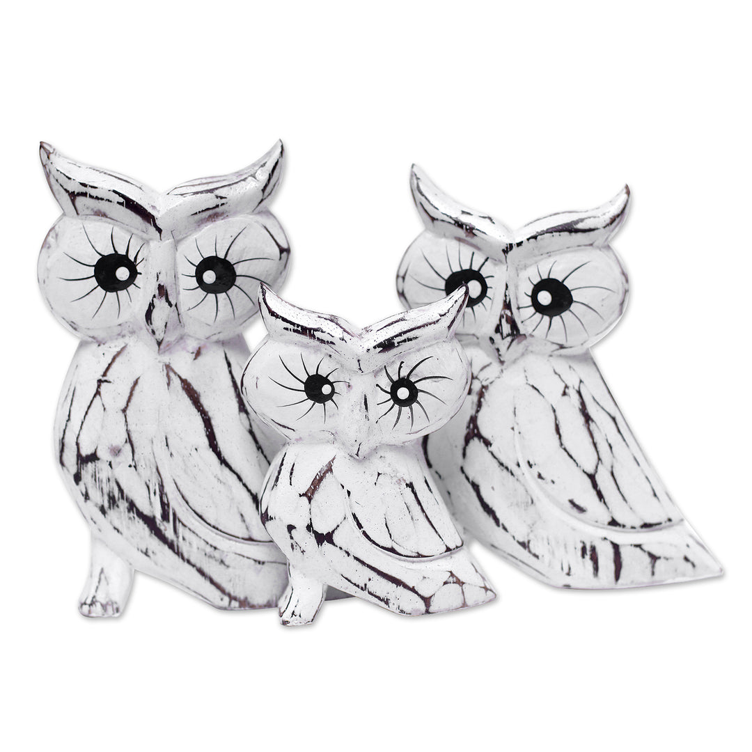 Set of 3 Owl-Themed Albesia Wood Statuettes Crafted in Bali - Feathered Guardians