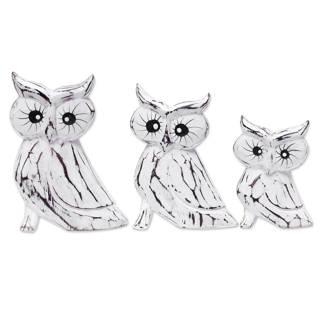 Set of 3 Owl-Themed Albesia Wood Statuettes Crafted in Bali - Feathered Guardians