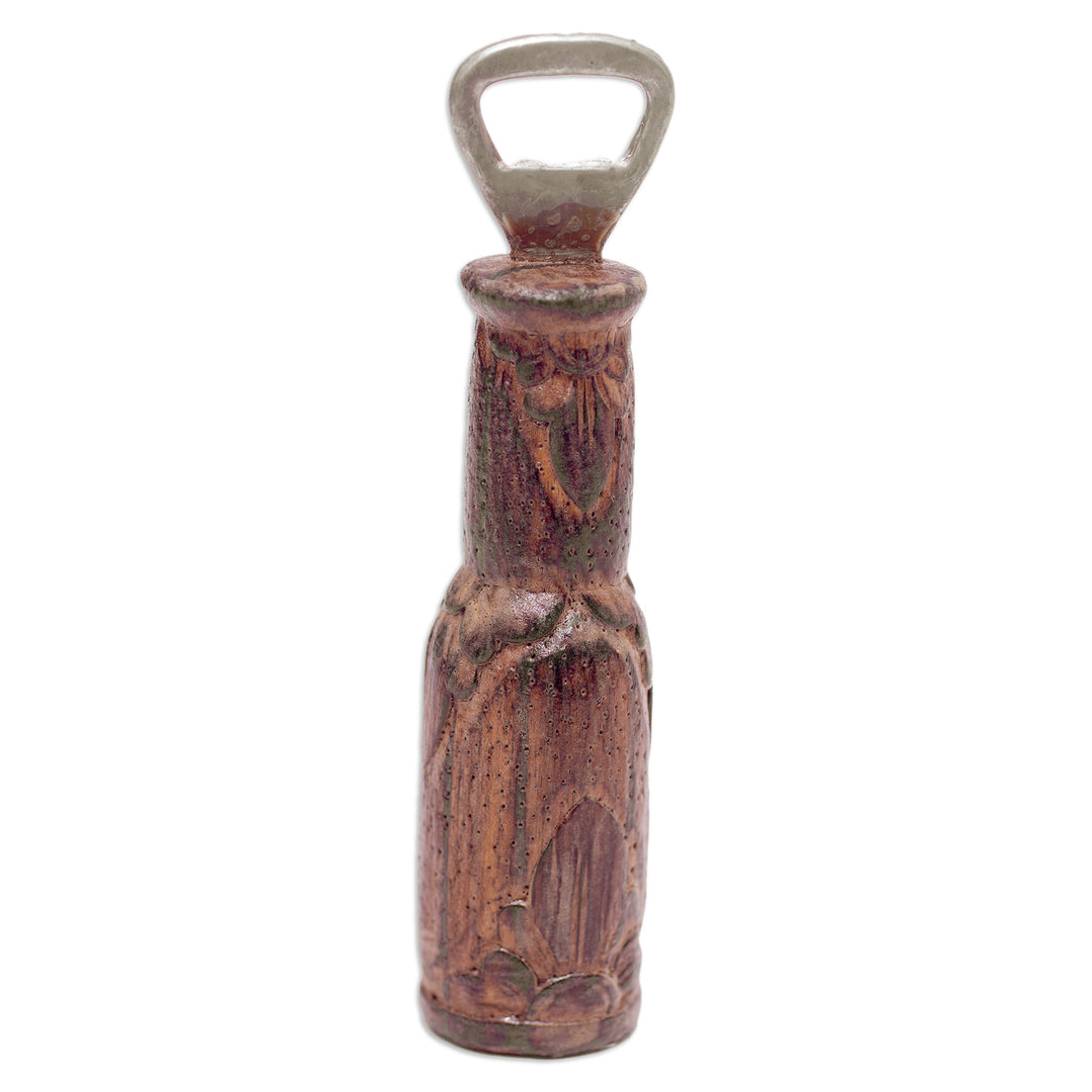Hand-Carved Floral Jempinis Wood Bottle Opener from Bali - Flowers for Delight