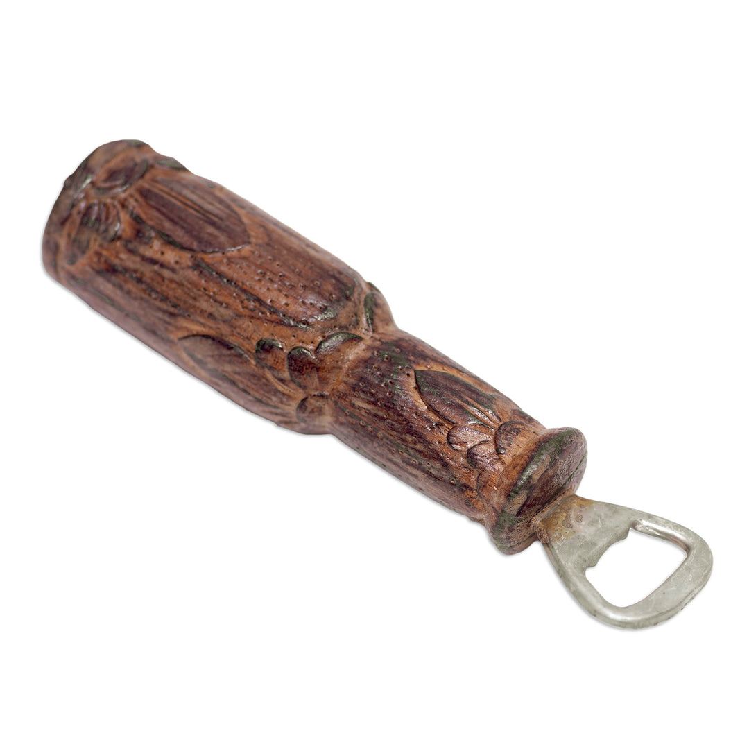 Hand-Carved Floral Jempinis Wood Bottle Opener from Bali - Flowers for Delight