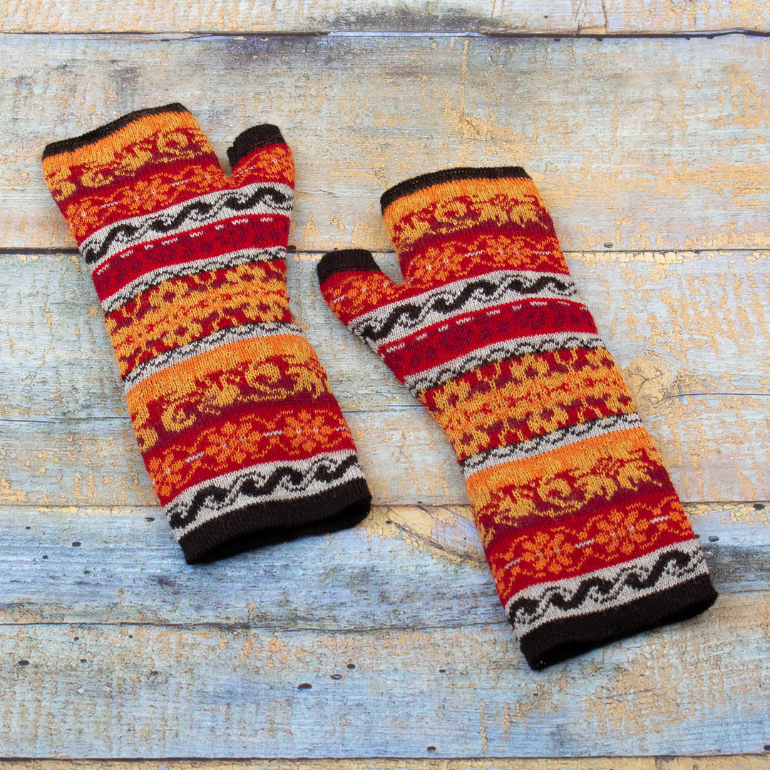 Multicolored 100% Baby Alpaca Unisex Knit Fingerless Mitts - Andean Warmth