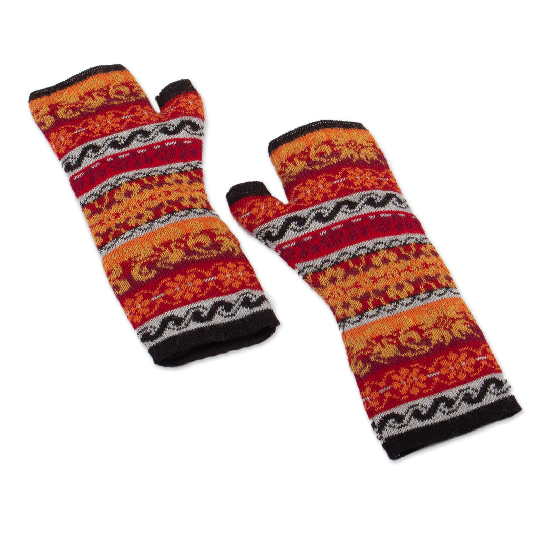 Multicolored 100% Baby Alpaca Unisex Knit Fingerless Mitts - Andean Warmth