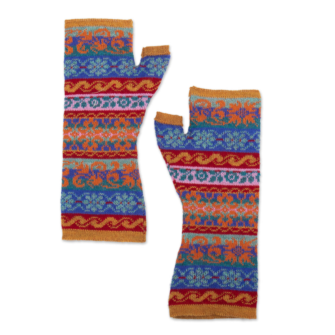 Patterned 100% Baby Alpaca Fingerless Mitts Knitted in Peru - Andean Delight