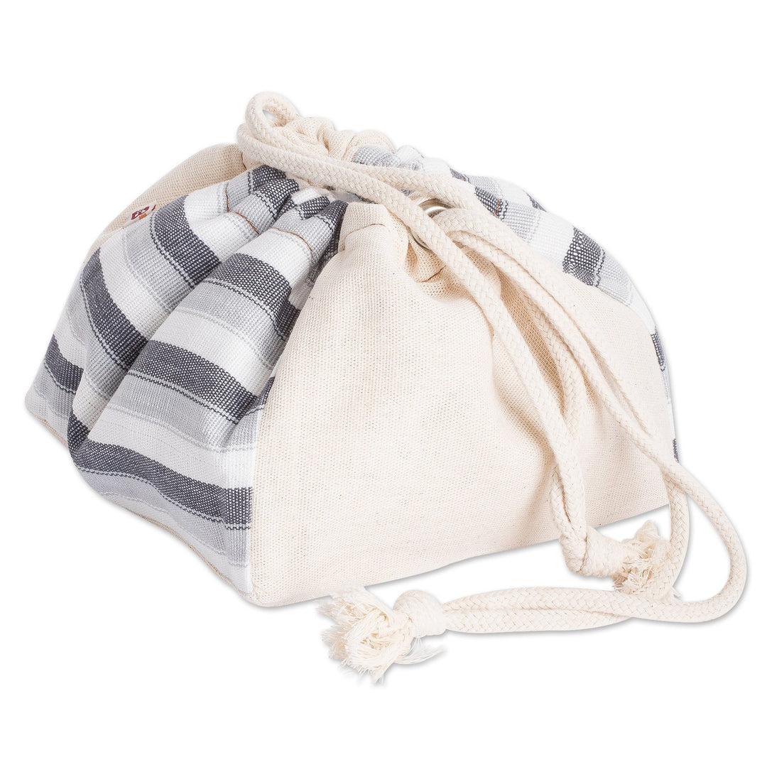 Hand-Woven Cotton Drawstring Toiletry Bag with Stripes - Fog